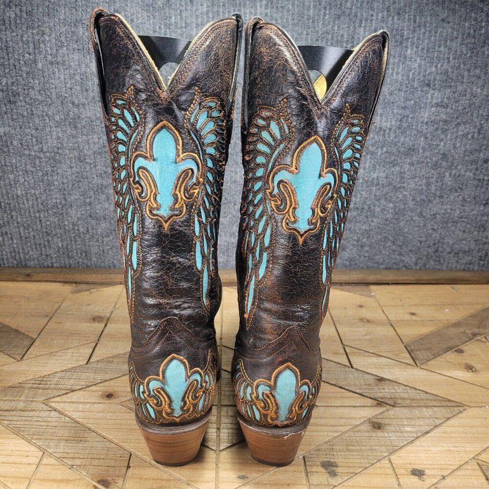 Corral Boots Womens 6.5M Turquoise Inlay Fleur De Lis Wings Cowboy Brown R2458 - Picture 7 of 13